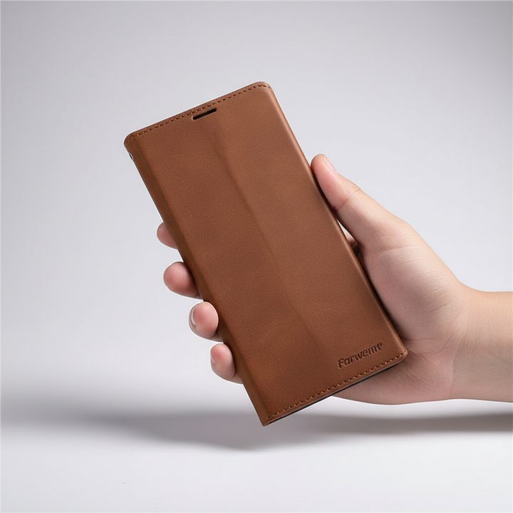 Elegant leather iPhone accessory: a folio case with card slot and secure magnetic closure