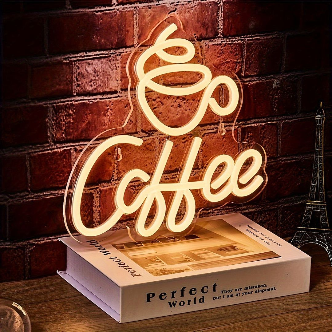 LED coffee cup neon sign, perfect for kitchen or cafe wall decor. USB powered mood light, unique gift.