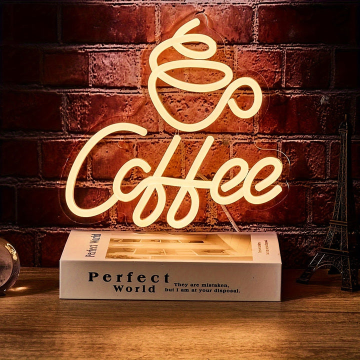 Stylish LED neon coffee sign, "Jules" design. Ideal for home decor, cafe or kitchen wall art. USB powered.