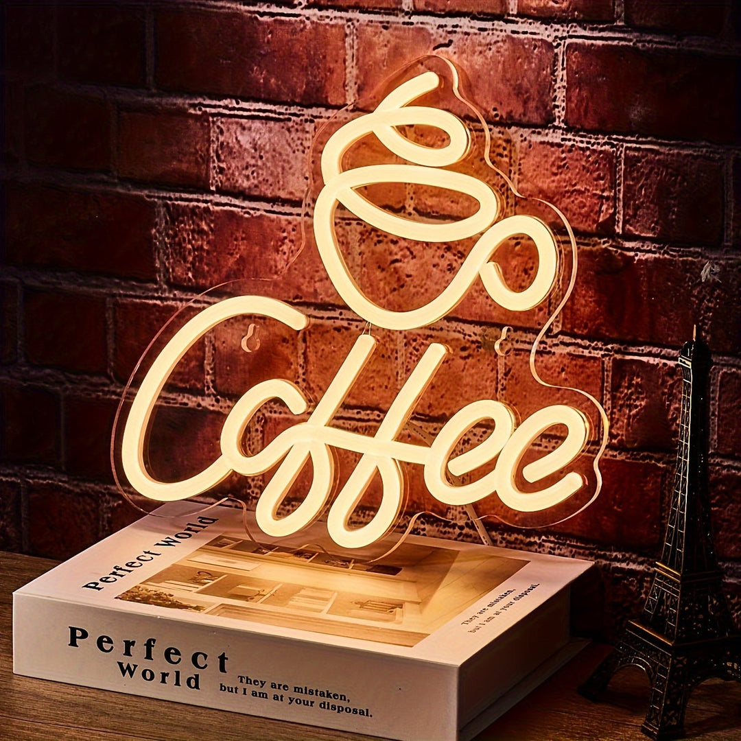 Unique coffee LED sign "Jules", a vibrant neon light for home or cafe wall decor. USB powered mood lighting.