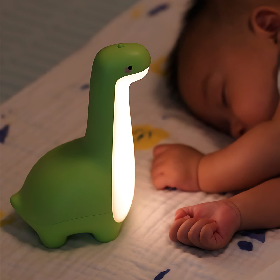 Gentle LED dinosaur night lamp, creating a calming atmosphere for kids' bedtime. Nursery & bedroom decor.