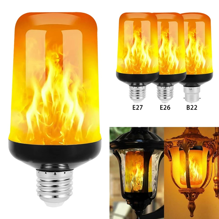 Close-up of LED Flame Effect Party Lamp, E27 base, showing dynamic fire-like flickering light