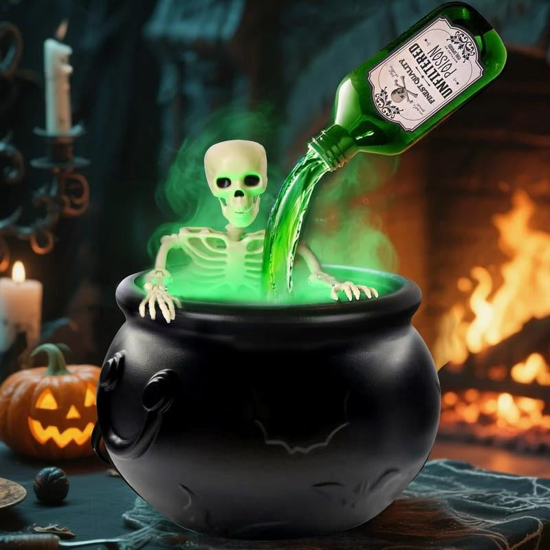 LED Light-Up Halloween Cauldron with built-in mist diffuser, perfect spooky decor for parties & haunted houses.