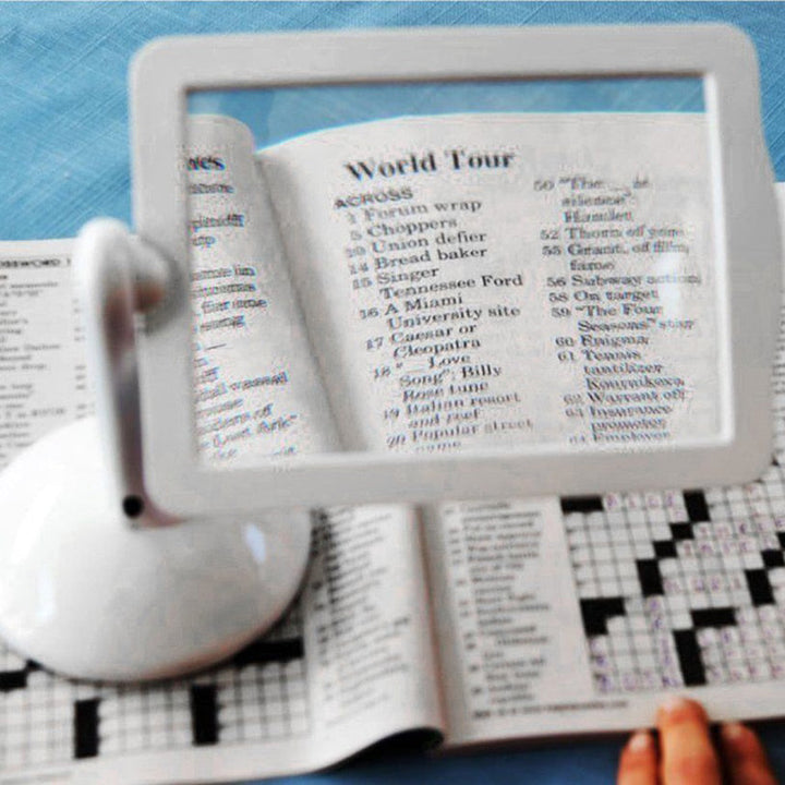 Hands-free electronic LED page magnifier for books & crafts. Features 180° adjustable stand to protect eyes; 3X zoom.