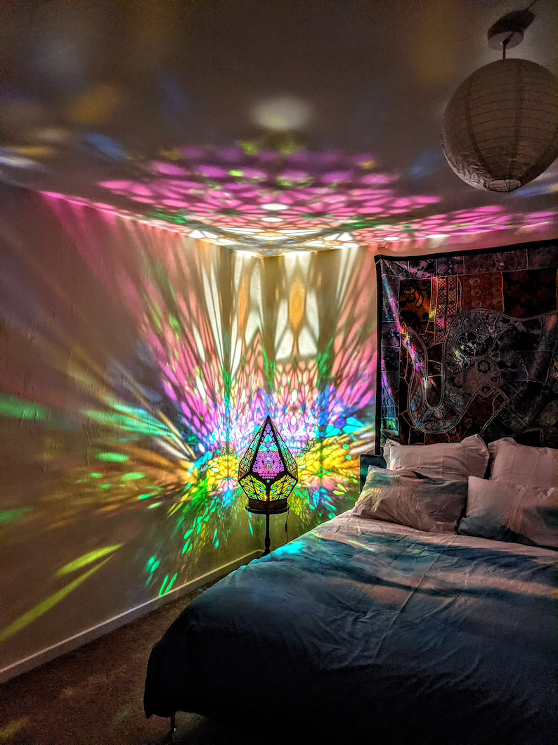Bohemian LED table lamp. Stained glass style projects starry patterns, creating a relaxing mood light & room decor.