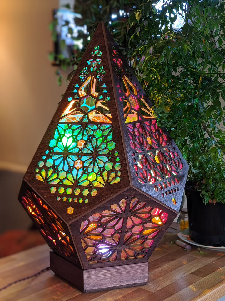 Stained glass style LED table lamp, projects starry night sky. Ideal for mood lighting, bohemian decor & room ambiance.