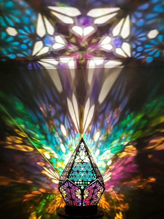 Tabletop LED lamp with stained glass details, projects stars. Great as a mood light, night light & decorative piece.