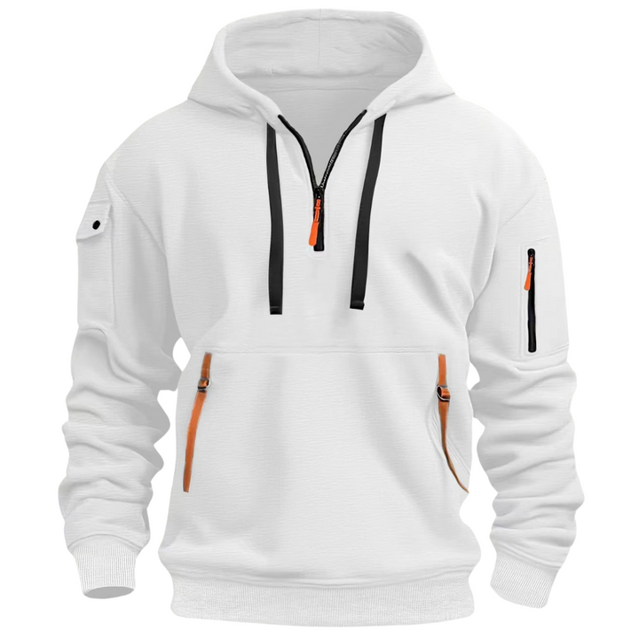 Man wearing Levi's men's relaxed fit hoodie, showcasing comfortable, casual everyday style and versatility.
