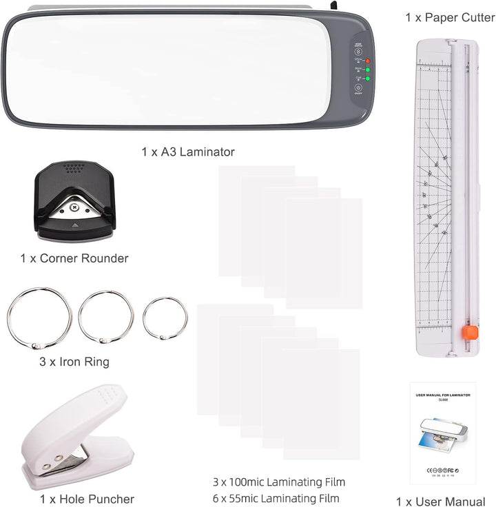 Compact A3 laminator for office or home use, featuring both hot and cold laminating functions