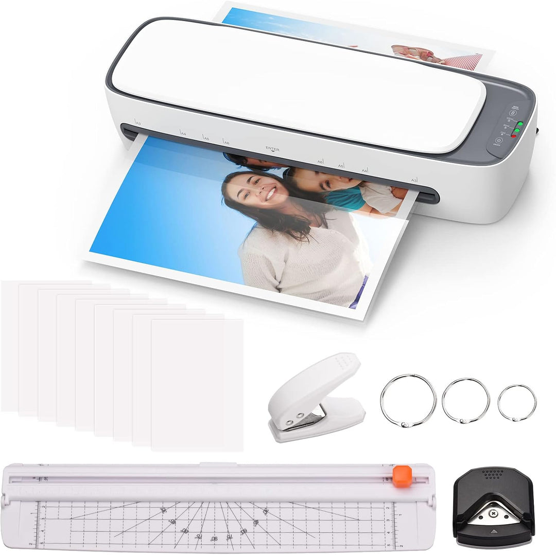 Lexaro desktop laminator set showing its paper cutter and various document finishing accessories