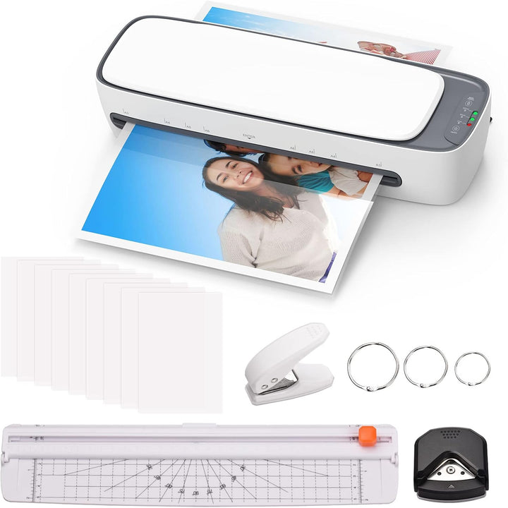 Lexaro desktop laminator set showing its paper cutter and various document finishing accessories