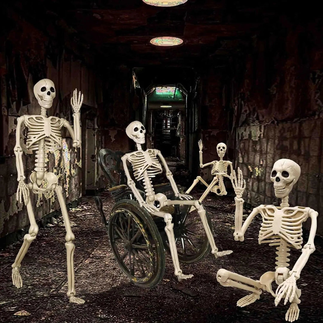 Life-size poseable Halloween skeleton decoration with adjustable joints, perfect spooky prop for indoor/outdoor display.