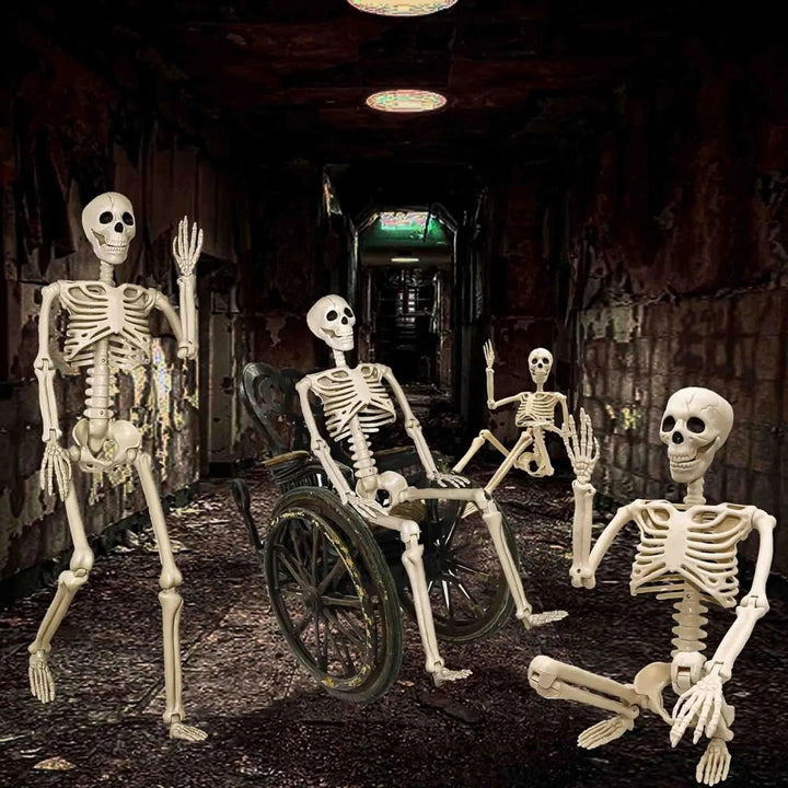 Life-size poseable Halloween skeleton decoration with adjustable joints, perfect spooky prop for indoor/outdoor display.