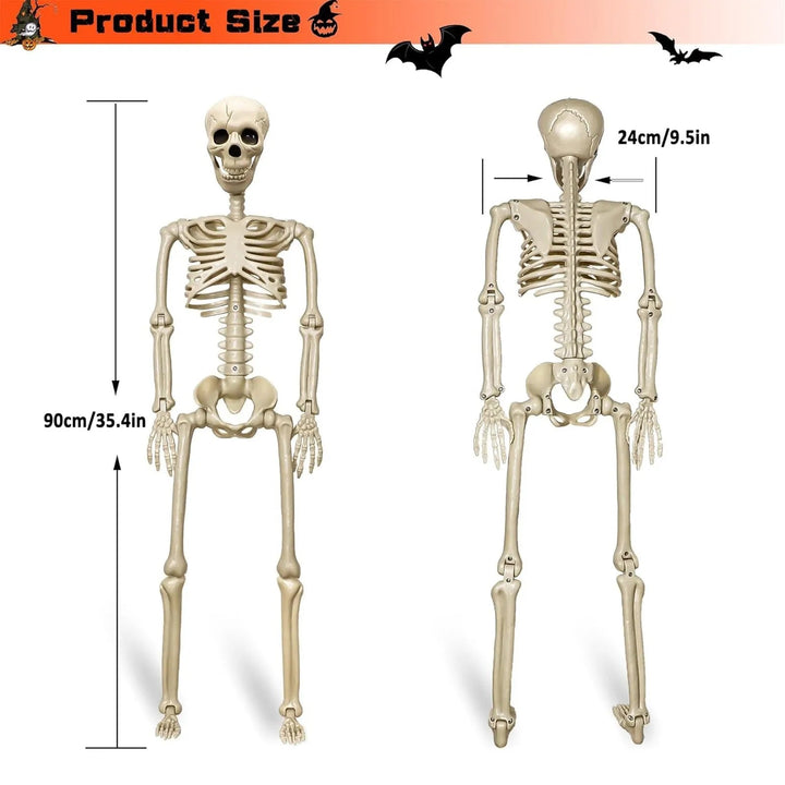 Versatile life-size poseable Halloween skeleton for horror displays, adjustable joints for varied indoor/outdoor scenes.