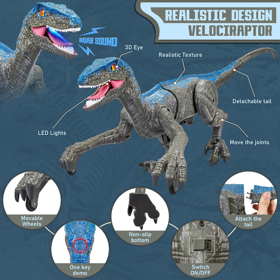 Kids playing with a remote control dinosaur Velociraptor outdoors. Ideal dinosaur gift & outdoor toy.