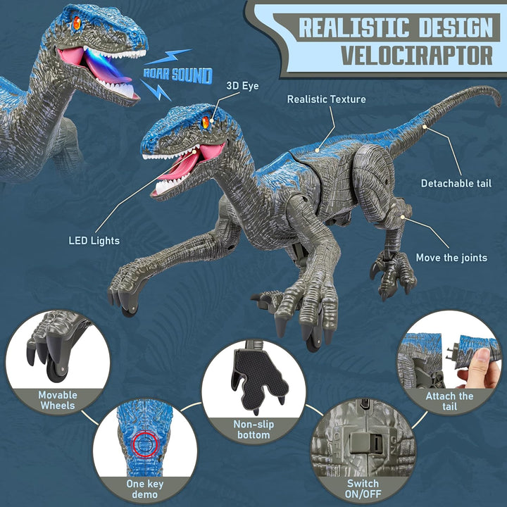 Kids playing with a remote control dinosaur Velociraptor outdoors. Ideal dinosaur gift & outdoor toy.