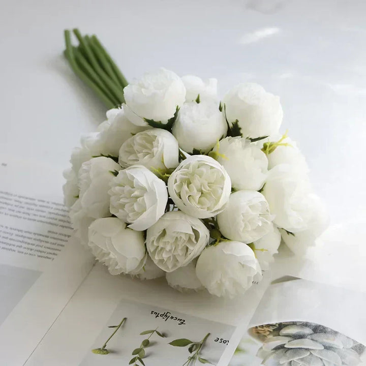 Realistic silk peony bouquet adds a touch of elegance to any interior design.