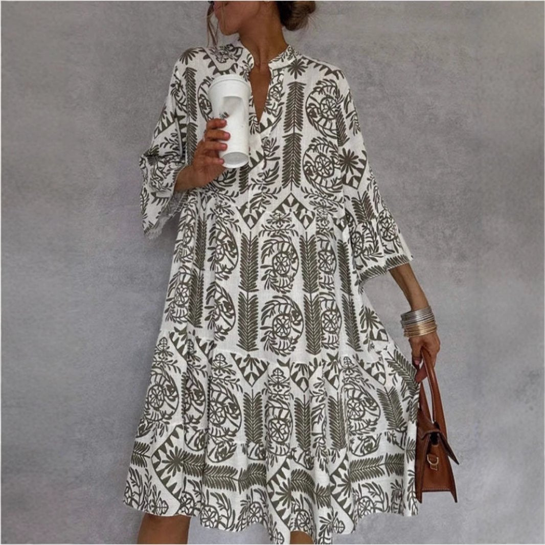 Khaki floral sundress for women, tiered skirt, boho tunic style. Ideal relaxed fit for spring & summer vacations.