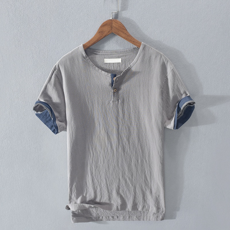 New arrival gray men's relaxed fit henley shirt. Casual short sleeve top for comfortable summer style.