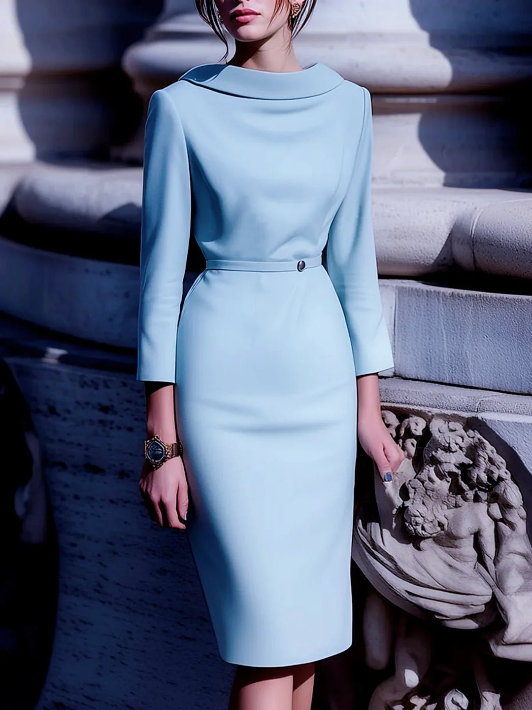 Light blue women's midi dress with turn-down collar, V-back, and mid sleeves. Elegant belted work or casual dress.