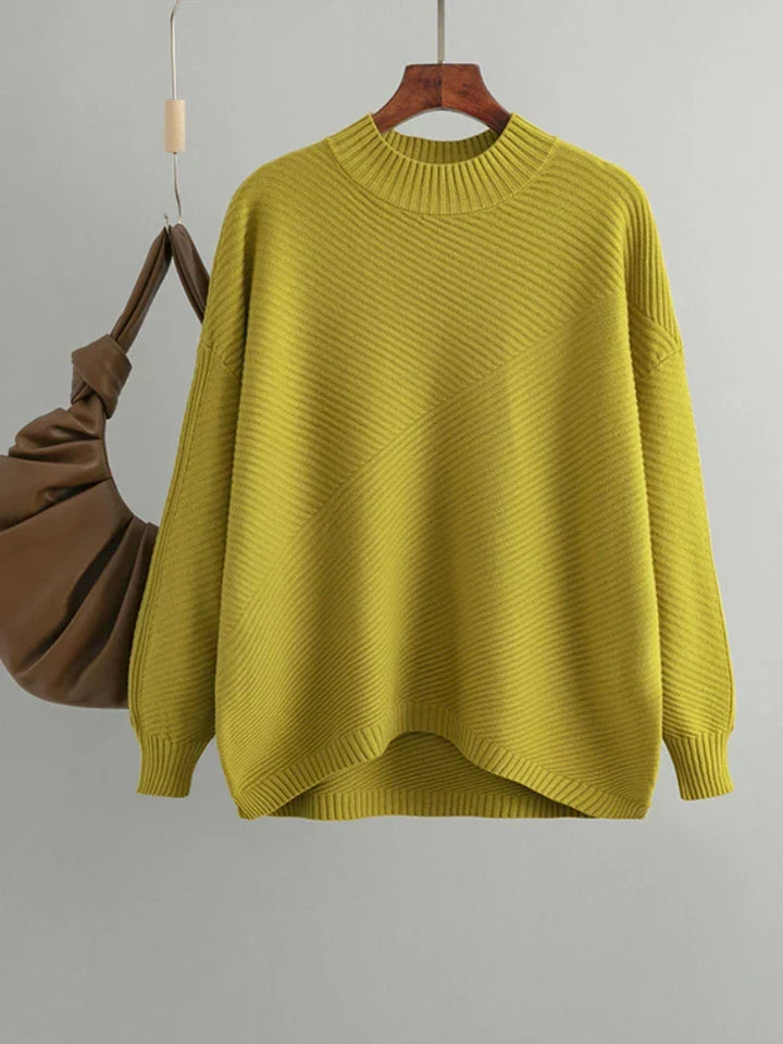 Sunny yellow women's ribbed knit sweater. Round neck, classic design, perfect for casual fashion.