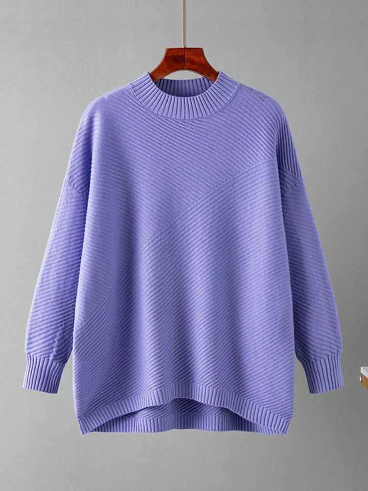 Purple classic ribbed knit women's sweater. Round neck, versatile and comfortable for everyday fashion.