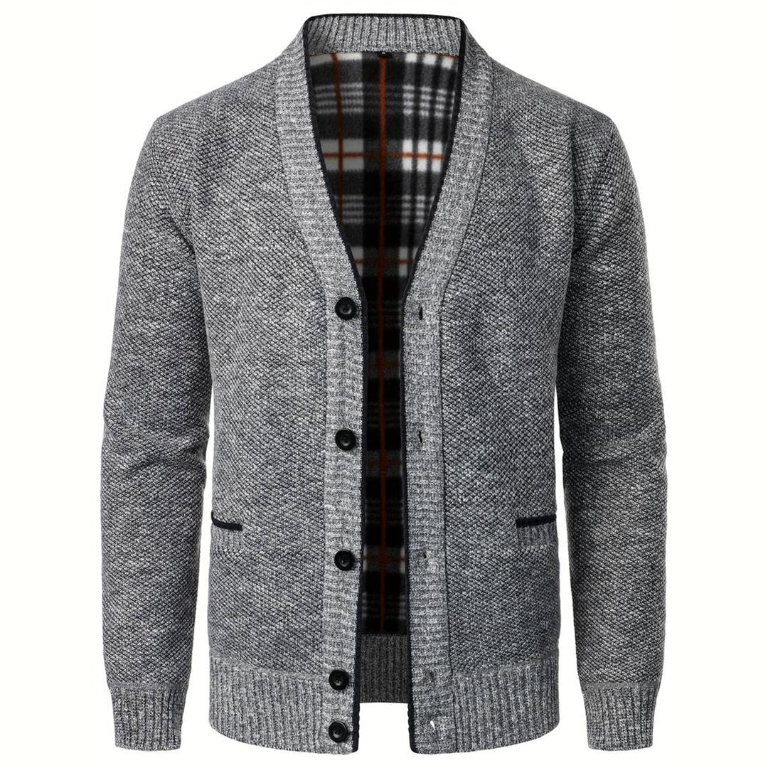 Light gray men's V-neck cardigan sweater with button front for smart casual autumn layering.