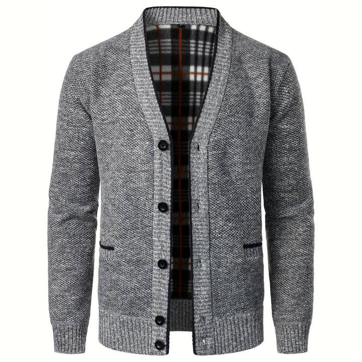Light gray men's V-neck cardigan sweater with button front for smart casual autumn layering.