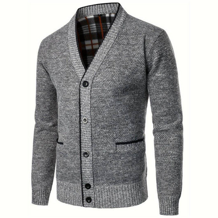 Comfortable men's V-neck cardigan, light gray, perfect for effortless autumn style and everyday wear.