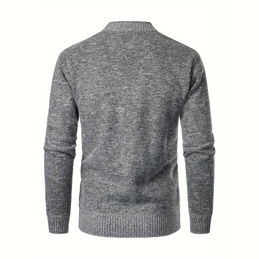 Men's V-neck button-front cardigan in light gray, ideal for layering and smart casual autumn fashion.