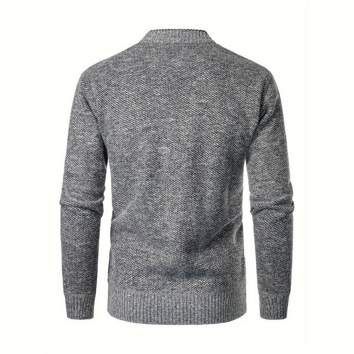 Men's V-neck button-front cardigan in light gray, ideal for layering and smart casual autumn fashion.