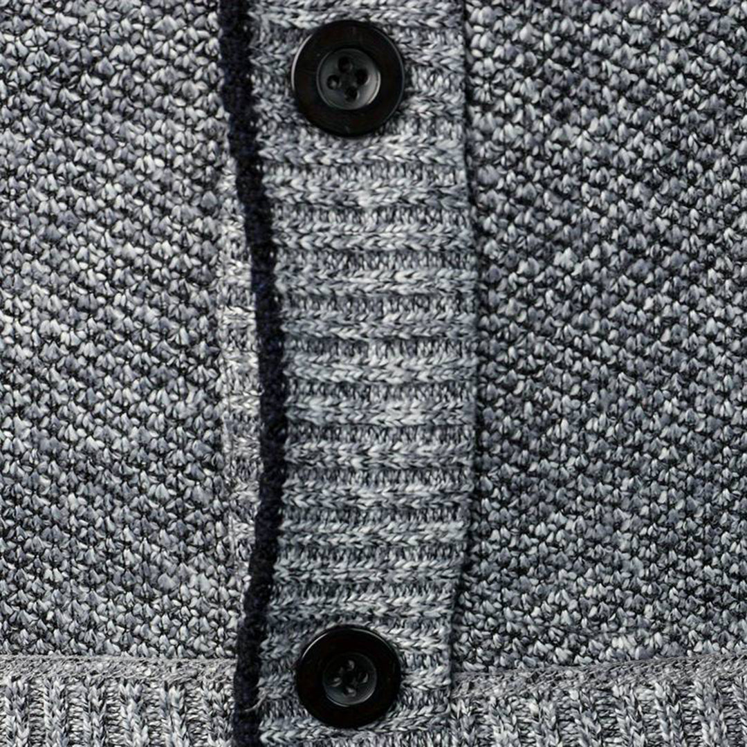 Soft light gray men's V-neck cardigan, a comfortable and stylish button-front sweater for autumn.