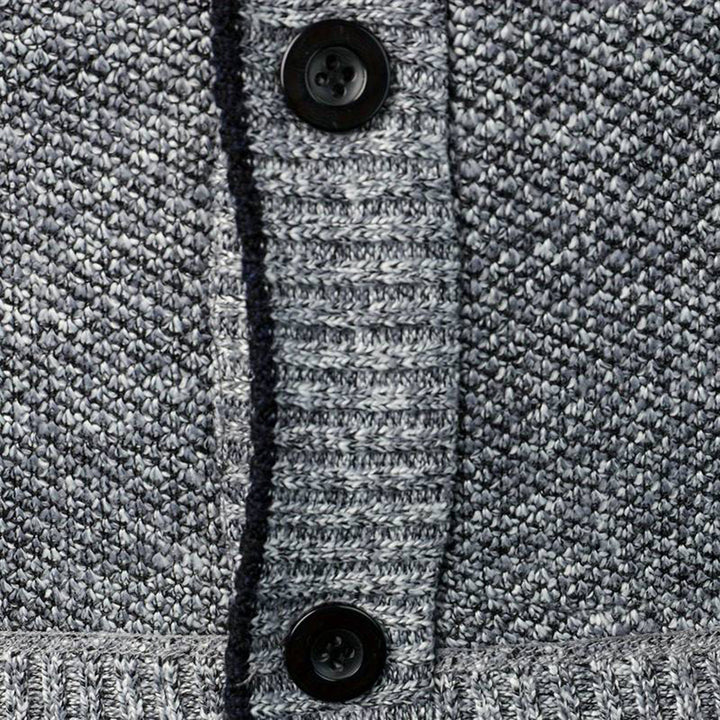 Soft light gray men's V-neck cardigan, a comfortable and stylish button-front sweater for autumn.