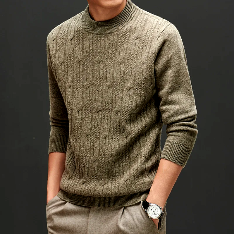 Light green men's refined knit pullover crew neck sweater. Versatile casual fashion for modern style.