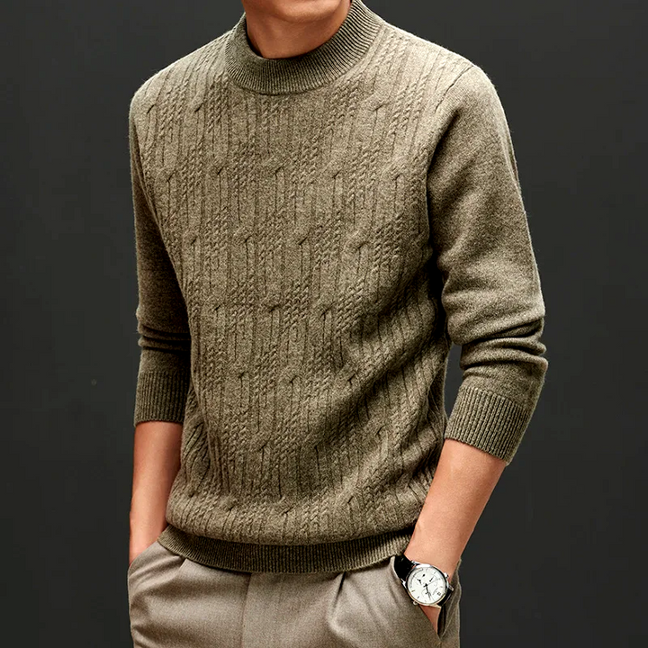 Light green men's refined knit pullover crew neck sweater. Versatile casual fashion for modern style.