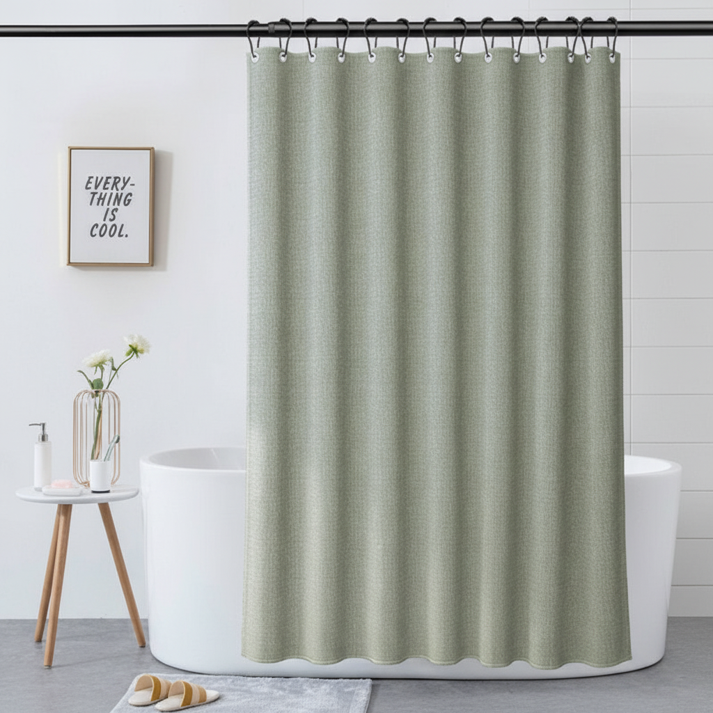 Light green polyester shower curtain, SereneCurtain, for a serene bathroom decor with spa aesthetic.