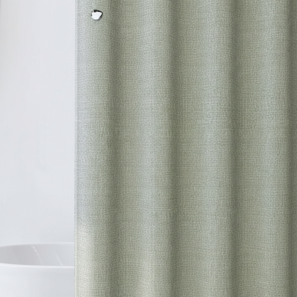 Close-up of the light green polyester shower curtain fabric, highlighting its spa aesthetic and quality.