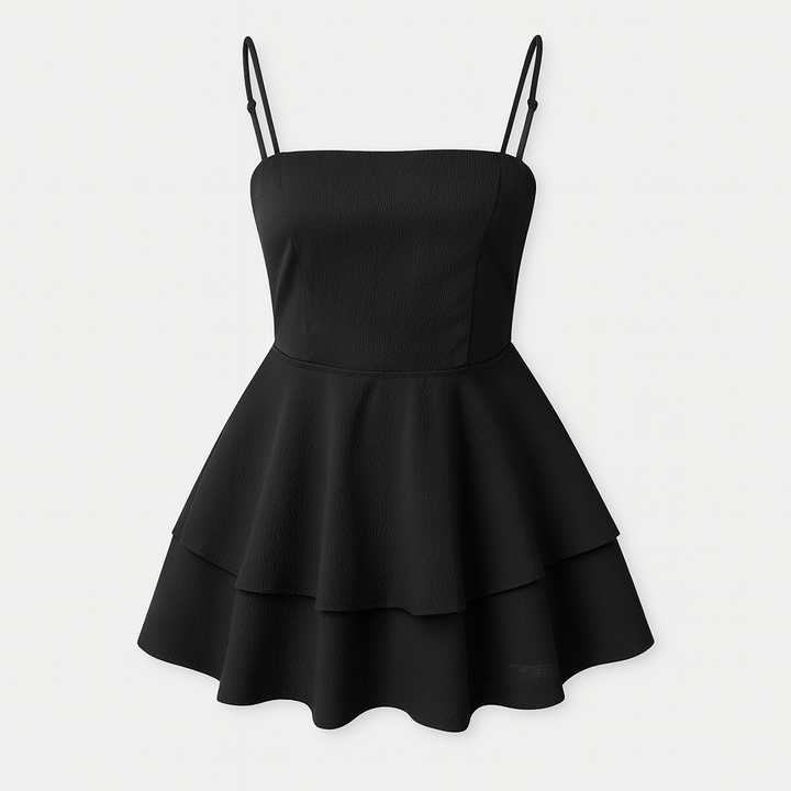Light blue women's ruffle mini dress with spaghetti straps, a chic casual summer dress.