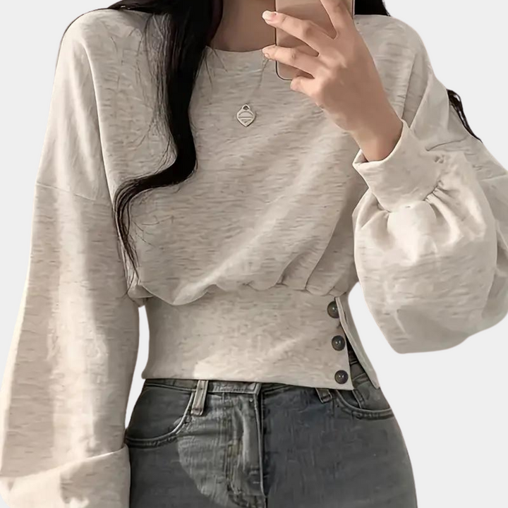 Light grey women's comfortable loose fit sweater for everyday casual style. Relaxed & cozy.