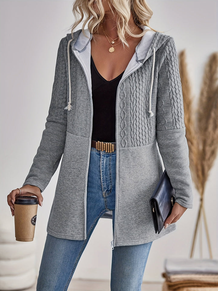 Light grey women's textured zip-up hoodie jacket. Versatile casual outerwear, perfect for spring/autumn.