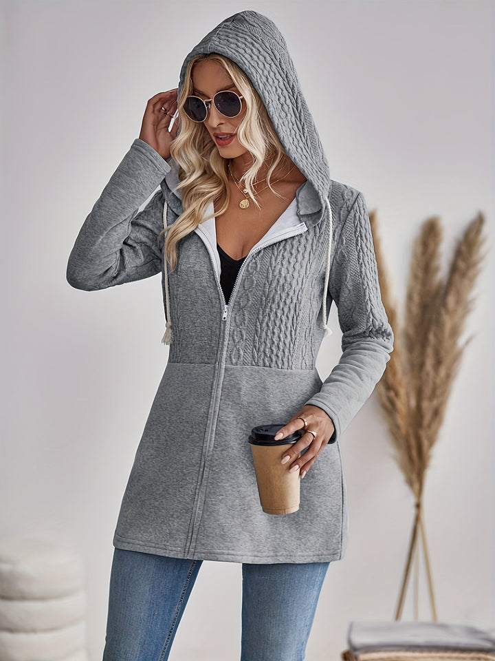 Women's casual light grey textured zip-up hoodie jacket. Versatile hooded outerwear for comfortable spring & autumn style.