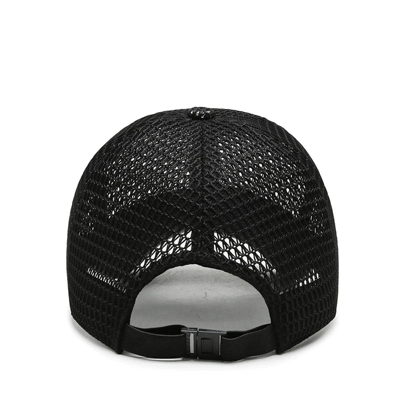 Close-up of AeroBreeze lightweight mesh summer cap fabric, ensuring breathable sun protection for outdoor sports & fishing.