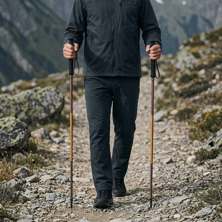 Lightweight aluminum alloy folding trekking pole with quick-lock for hiking & trail running, comfortable foam grip.