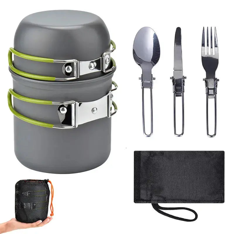 Lightweight aluminum camping cookware set with foldable utensils for outdoor cooking and hiking.