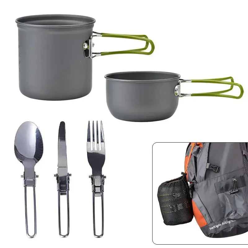Portable camping cooking set for outdoor adventures, picnics & travel. Includes lightweight pots, pans & foldable cutlery.