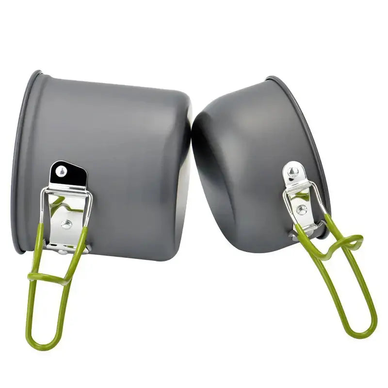 Durable aluminum outdoor cooking set by TrekChef, ideal for camping & hiking. Lightweight pots, pans & foldable utensils included.