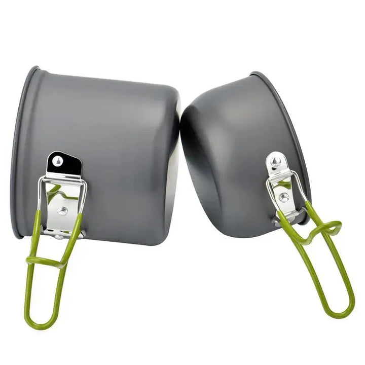 Durable aluminum outdoor cooking set by TrekChef, ideal for camping & hiking. Lightweight pots, pans & foldable utensils included.