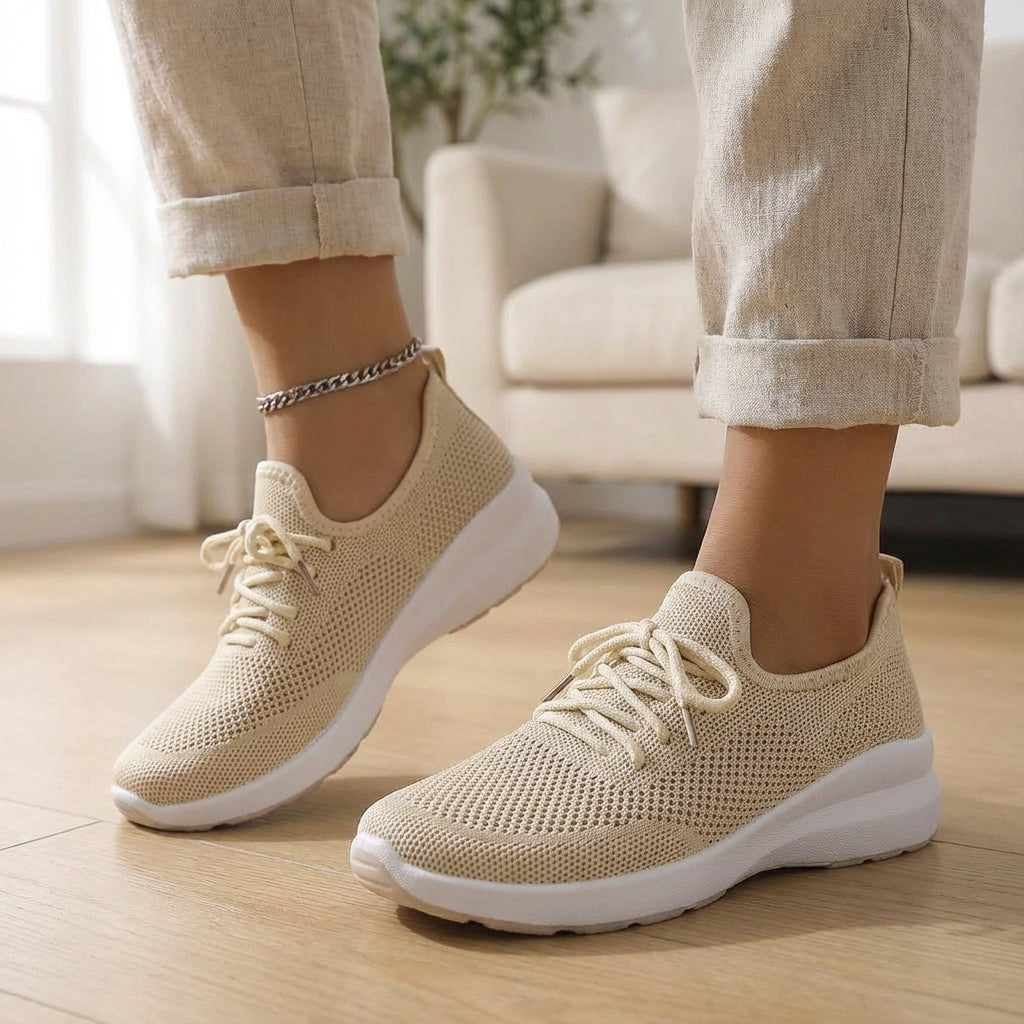 Lightweight breathable knit women's everyday sneakers in a neutral color, perfect for casual walking.