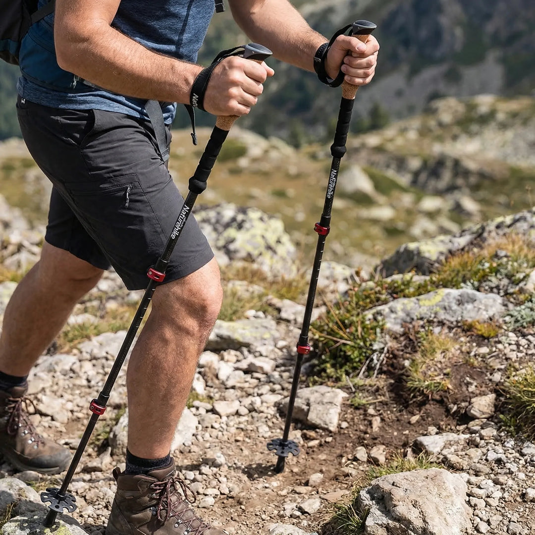 Lightweight carbon fiber collapsible hiking poles for easy backpacking & trail walking on all terrains.