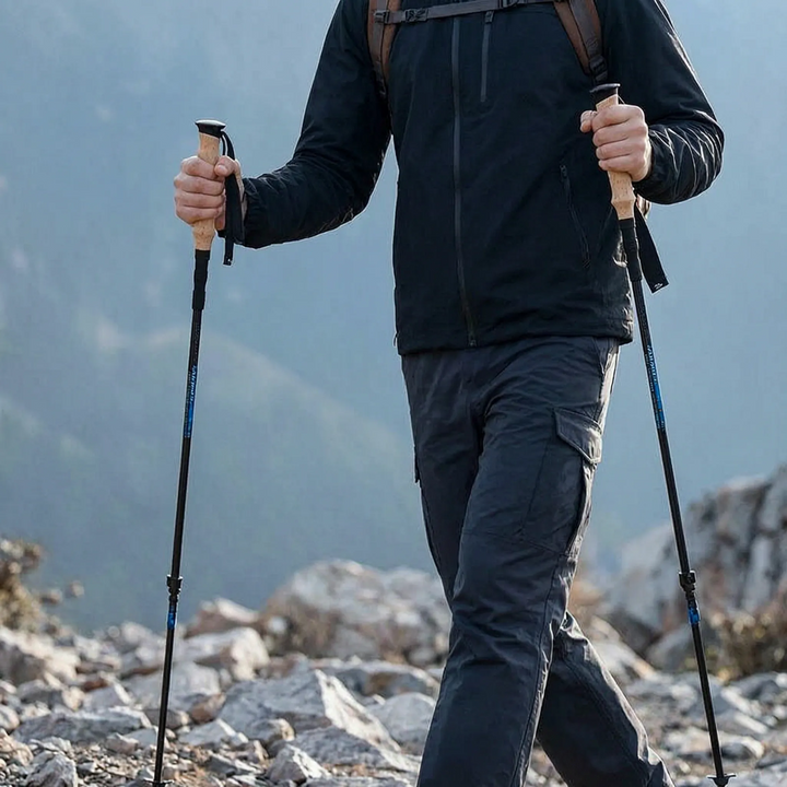 Lightweight collapsible hiking poles, essential outdoor gear for comfortable trail walking & trekking.